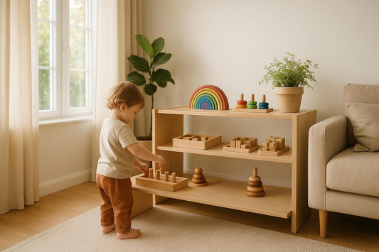 Mažas vaikas žaidžia su mediniu peg board žaislu minimalistinėje kambario aplinkoje, šalia medinės lentynos su žaislais ir augalu, Montessori stilius.